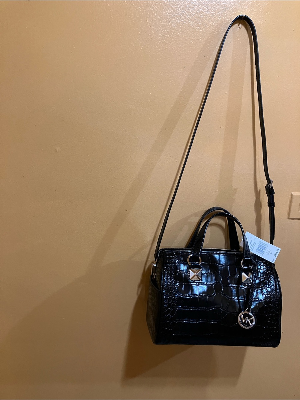 Michael Kors Black Croc-Embossed Satchel with Gold Accents